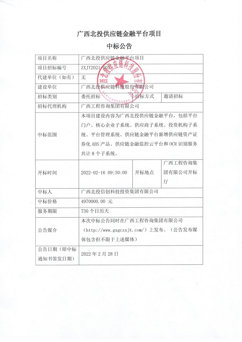广西北投供应链FH至尊平台项目中标公告