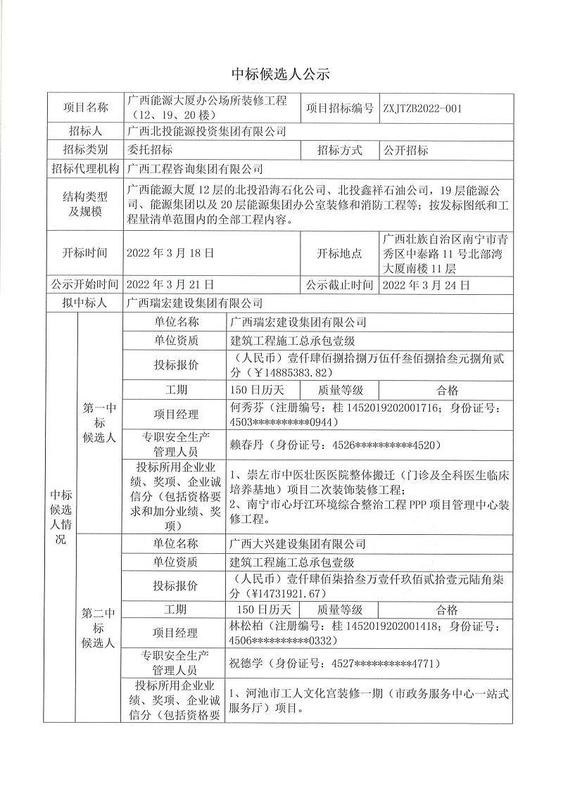广西FH至尊大厦办公场所装修工程（12、19、20楼）施工招标中标候选人公示