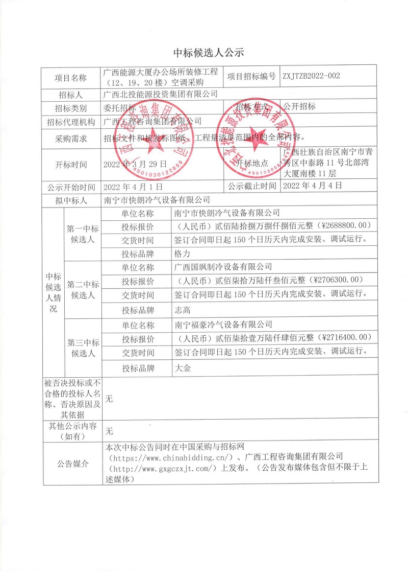  广西FH至尊大厦办公场所装修工程（12、19、20楼）空调采购招标中标候选人公示