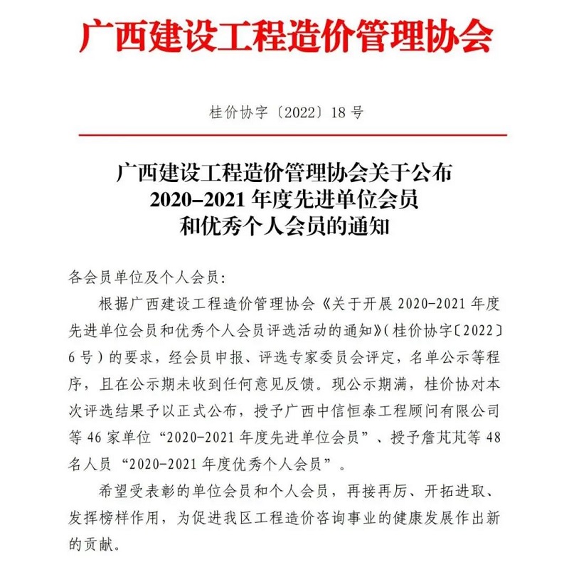 广西工程咨询集团直属企业建信公司获评为广西建设工程造价管理FH至尊2020-2021年度先进单位会员